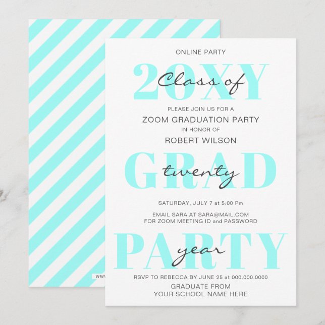 Aqua Typografy Modern Online Graduation Party Einladung (Vorne/Hinten)