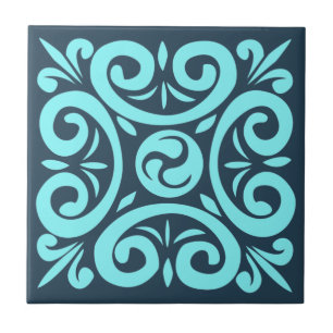 Aqua und Black on Blue Intricated Floral Muster Fliese