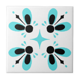 Aqua und Black on White Intricentive Floral Muster Fliese