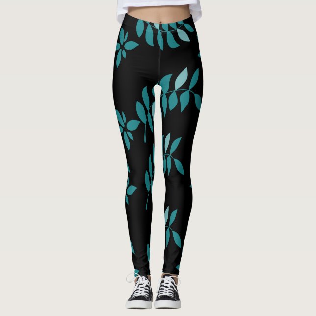 Aqua und Black Tropical Dschungel Kissen Leggings (Vorderseite)