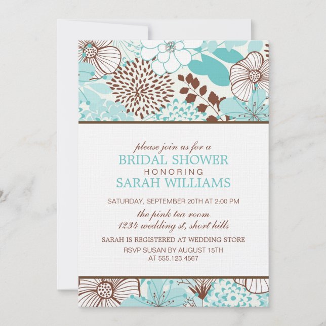 Aqua- und Braunfloral-Brautparty Einladung (Vorderseite)