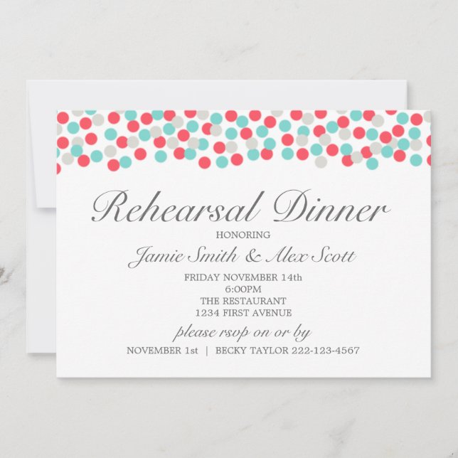 Aqua und Coral Polka Dot Probe Abendessen Einladun Einladung (Vorderseite)