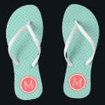 Aqua und Coral Tiny Dots Monogram Flip Flops<br><div class="desc">Maßgeschneiderte gedreht Flop Sandalen mit einem niedlichen gürtelförmigen Polka-Punktmuster und einem eigenen Monogramm oder einem anderen Text in einem Kreisrahmen. Klicken Sie auf Anpassen,  um Schriftart und Farben zu ändern oder eigene Bilder hinzuzufügen,  um ein einzigartiges Design zu erstellen!</div>