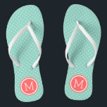 Aqua und Coral Tiny Dots Monogram Flip Flops<br><div class="desc">Maßgeschneiderte gedreht Flop Sandalen mit einem niedlichen gürtelförmigen Polka-Punktmuster und einem eigenen Monogramm oder einem anderen Text in einem Kreisrahmen. Klicken Sie auf Anpassen,  um Schriftart und Farben zu ändern oder eigene Bilder hinzuzufügen,  um ein einzigartiges Design zu erstellen!</div>