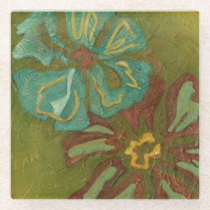 Aqua und gebrannte orange Blumen auf grünem Glasuntersetzer