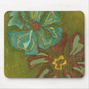 Aqua und gebrannte orange Blumen auf grünem Mousepad