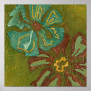 Aqua und gebrannte orange Blumen auf grünem Poster