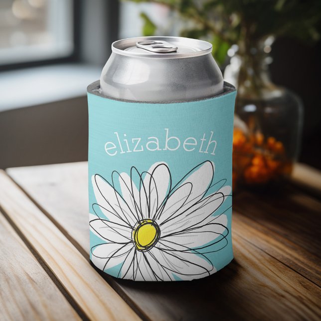 Aqua und gelber weißlicher Daisy benutzerdefiniert Dosenkühler (Personalized can cooler with a place to add a name or other custom text)