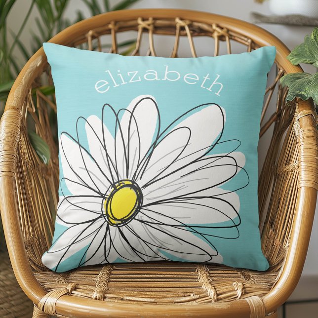 Aqua und gelber weißlicher Daisy benutzerdefiniert Kissen (Daisy Pillow)