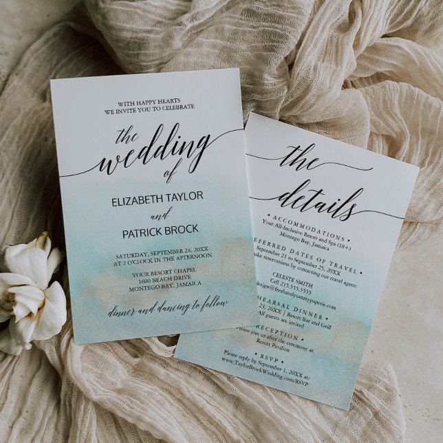 Aqua und Gold Aqua Beach in einer Hochzeit Einladung (Von Creator hochgeladen)