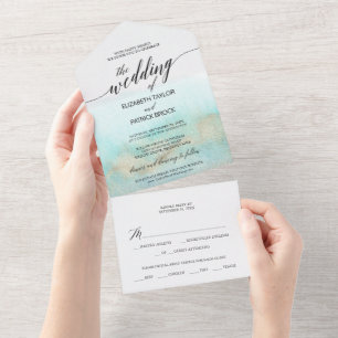 Aqua und Gold Aquarell Strandhochzeit All In One Einladung