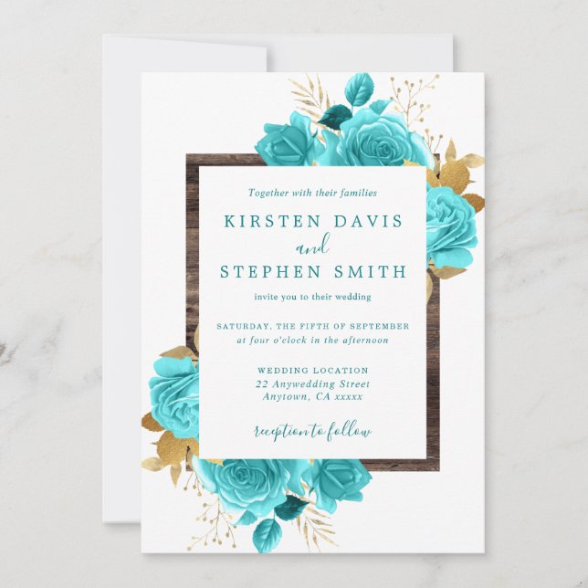 Aqua und Gold Floral Rustic Wood Wedding Einladung (Vorderseite)