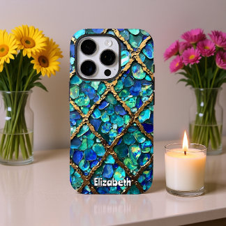 Aqua und Gold Grid Textur iPhone 16 Pro Hülle