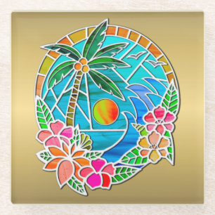 Aqua und Gold Ozean Palme Sommerlandschaft Glasuntersetzer