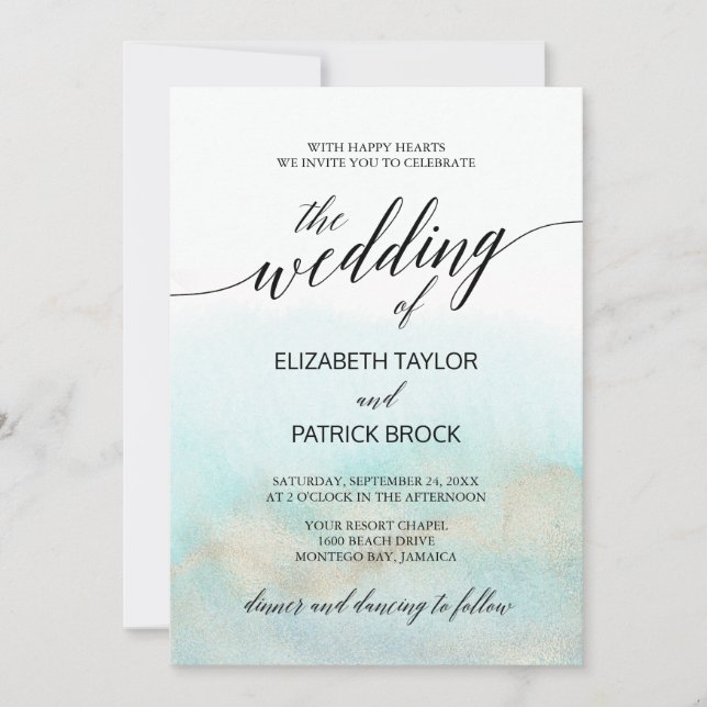 Aqua und Gold Wasserfarben Strand Die Hochzeit von Einladung (Vorderseite)