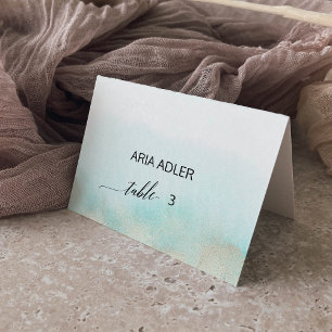 Aqua und Gold Watercolor Beach Escort Platzkarten Tischnummer