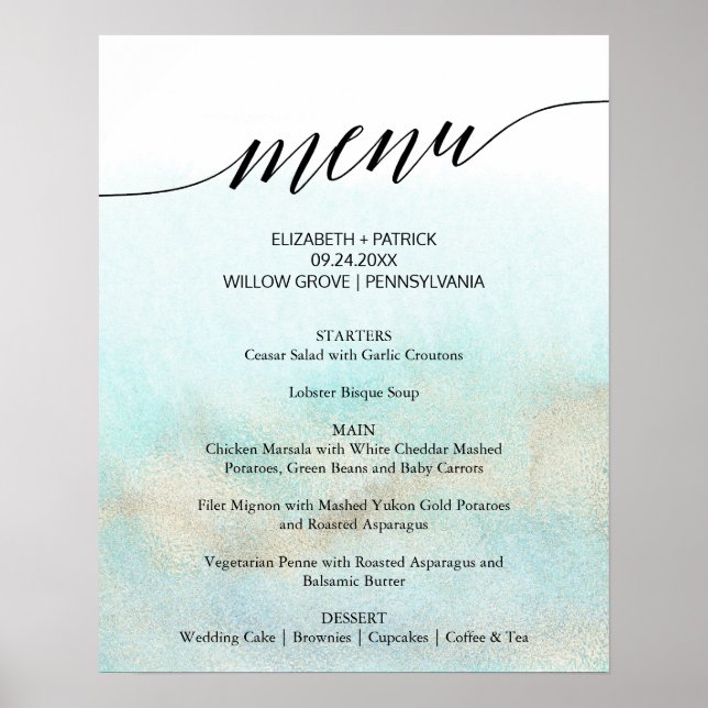 Aqua und Gold Watercolor Beach Hochzeitsmenü Poster (Vorne)