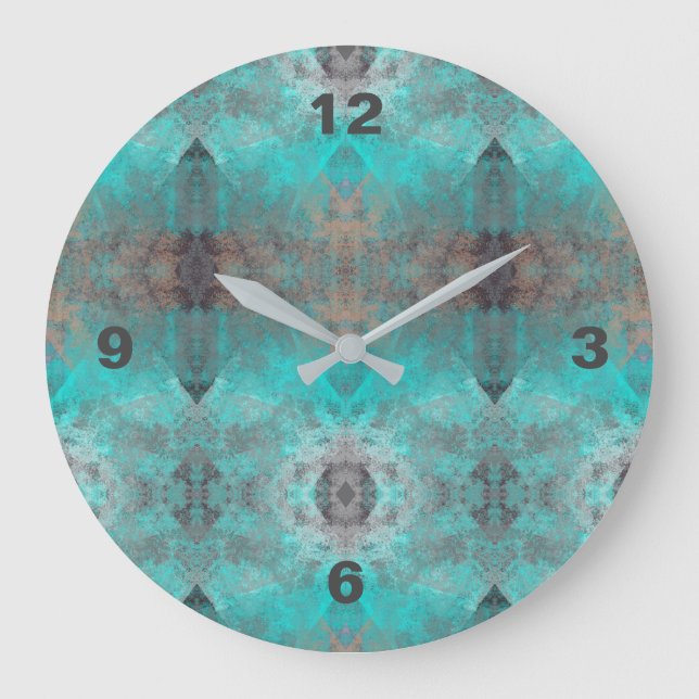 Aqua und Graues geometrisches Muster Große Wanduhr (Vorderseite)