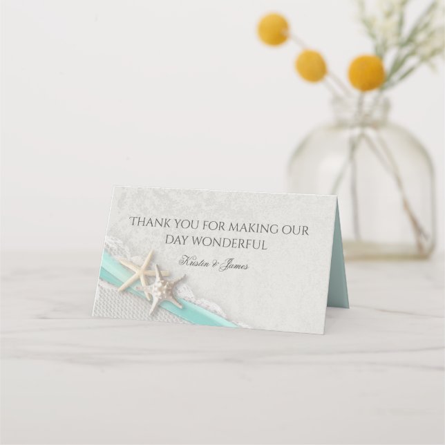 Aqua und Gray Beach Starfish und Ribbon Platzkarte (Vorderseite)