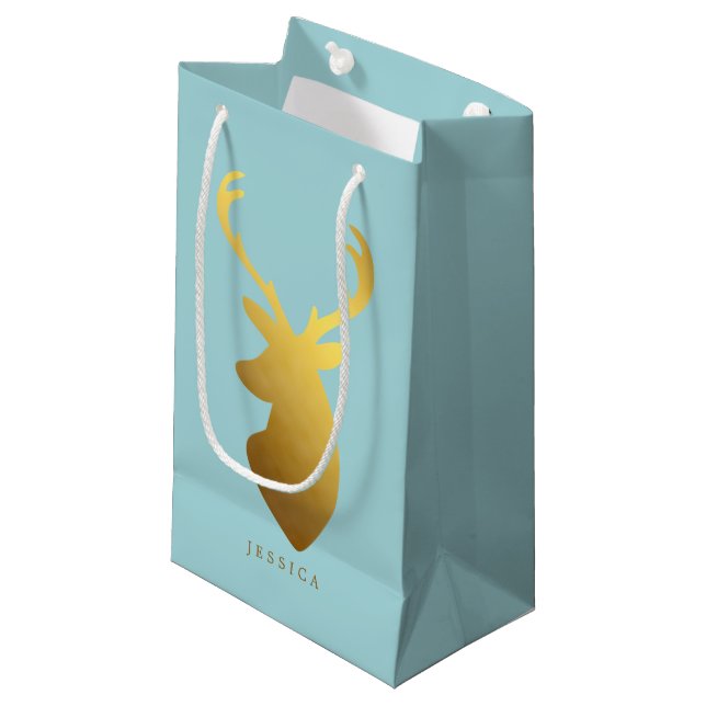 Aqua-und Imitat-Goldfolien-Rotwild-Kopf Kleine Geschenktüte (Vorderseite Schrägansicht)