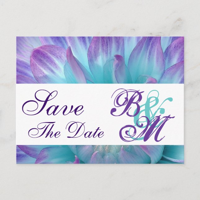 Aqua und Lila Blume Petals Save the Date V2 Ankündigungspostkarte (Vorderseite)