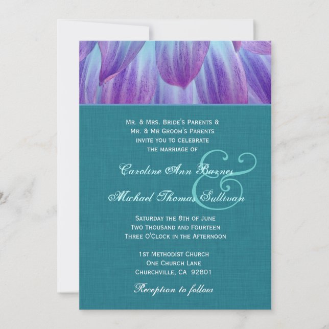 Aqua und Lila Dahlia Wedding Aquamarin Linen Look  Einladung (Vorderseite)