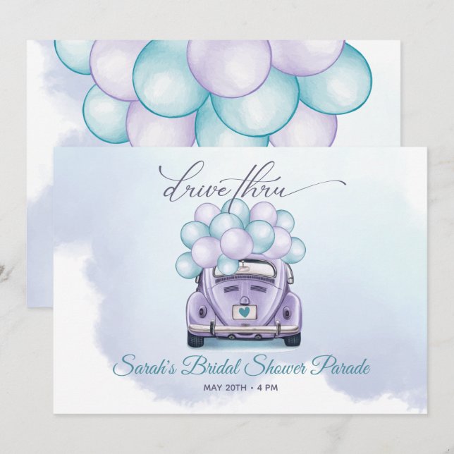 Aqua und Lilac DriveThru Brautparty Einladung (Vorne/Hinten)