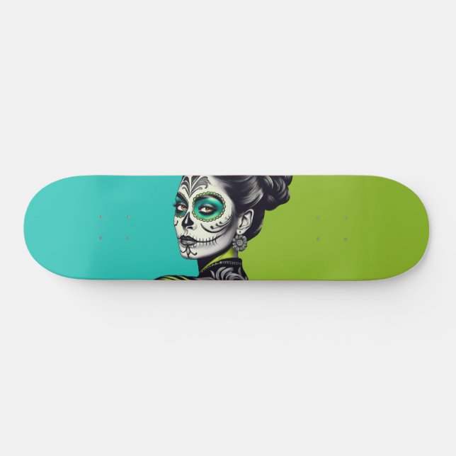 Aqua und Limoner Tag der Toten Frau Skateboard (Horizontal)