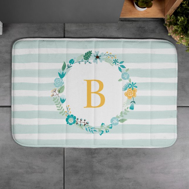 Aqua und Mit Monogramm gelber Blumenreath Badematte (Von Creator hochgeladen)