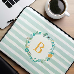 Aqua und Mit Monogramm gelber Blumenreath Laptopschutzhülle