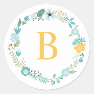 Aqua und Mit Monogramm gelber Blumenreath Runder Aufkleber