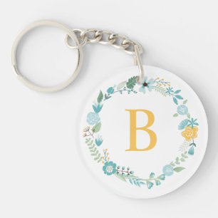 Aqua und Mit Monogramm gelber Blumenreath Schlüsselanhänger