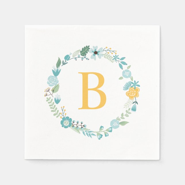 Aqua und Mit Monogramm gelber Blumenreath Serviette (Vorderseite)