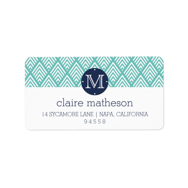 Aqua und Navy Preppy Diamond Zickzack Monogram Adressaufkleber (Vorne)