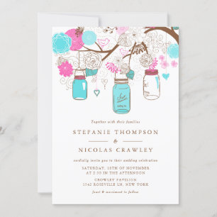 Aqua und Pink Hanging Mason Jars Wedding Einladung