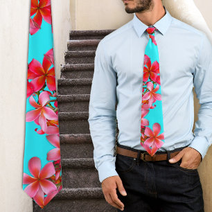 Aqua und Pink Hawaiian Plumeria Druck Krawatte