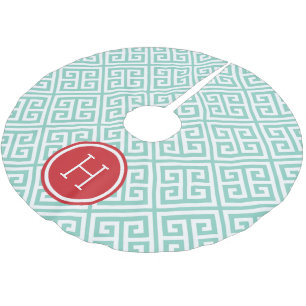 Aqua und Red Greece Key Monogram Polyester Weihnachtsbaumdecke