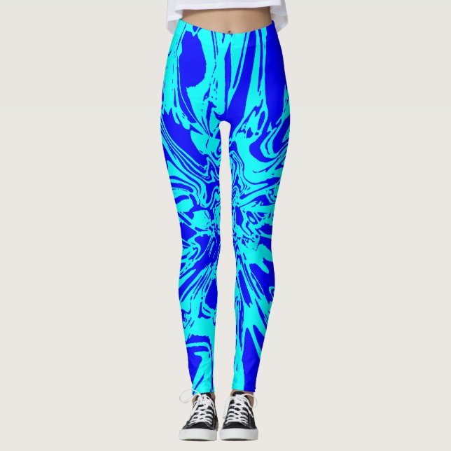 Aqua und Royal Blue Psychedelic Blume Leggings (Vorderseite)