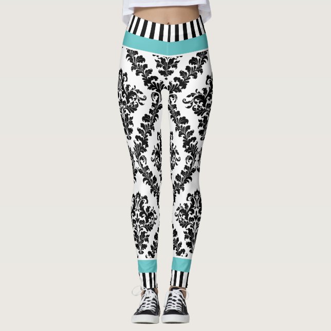 Aqua und Schwarz-weiße Damastmuster und Streifen Leggings (Vorderseite)