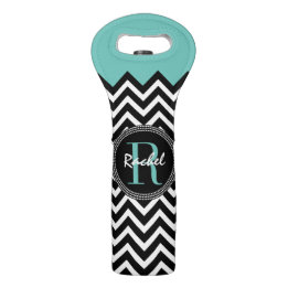 Aqua und Schwarz-Zickzack mit Monogramm Weintasche