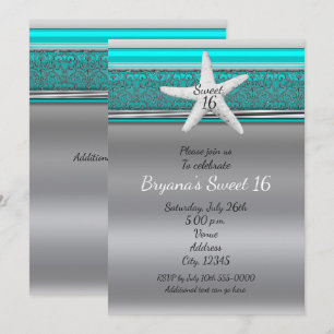 Aqua- und Silber-Seestern-Strand Sweet 16 Einladun Einladung