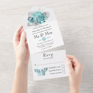 Aqua- und Silber-Vintage-Shabby-Rosen-Hochzeit All In One Einladung