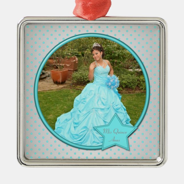 Aqua und Silver Polka Dot Foto Premium Ornament (Vorne)