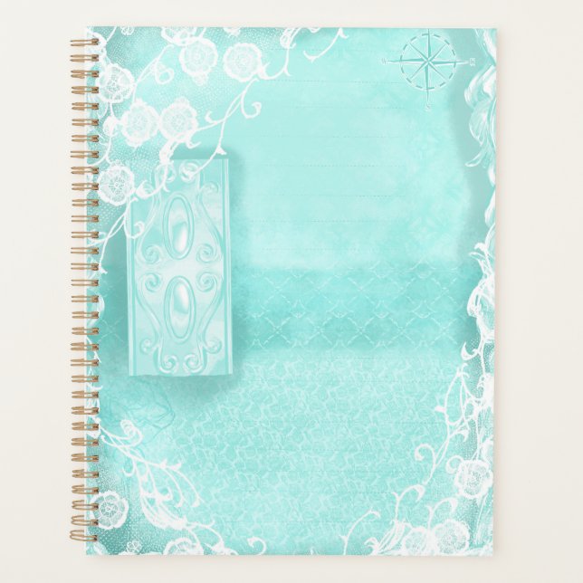 Aqua und Spitze im Stil eines Junk Journals Planer (Vorderseite)