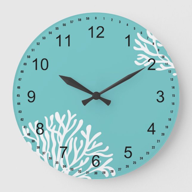 Aqua und Weiße Korallen Große Wanduhr (Vorderseite)