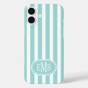 Aqua- und weiße monogrammierte Streifen iPhone 16 Plus Hülle