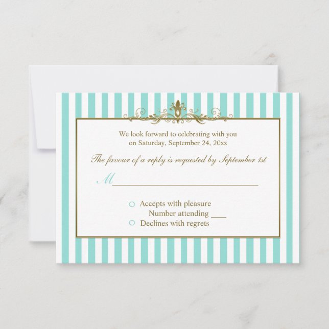 Aqua und weiße Streifen mit Gold Scrolls RSVP-Kart RSVP Karte (Vorderseite)