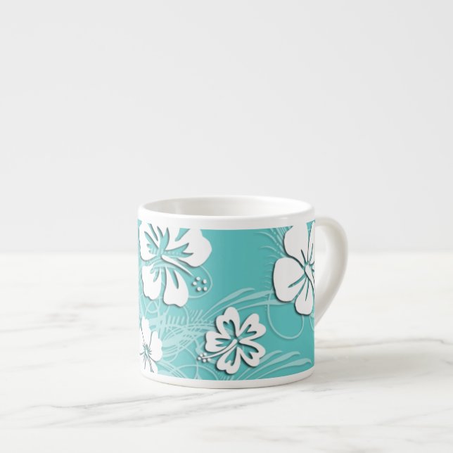 Aqua und weißer tropischer Hibiskus Espressotasse (Vorderseite Rechts)