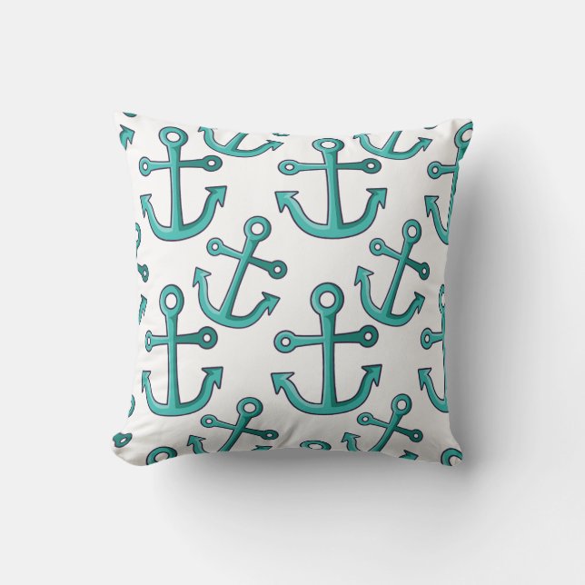 Aqua und White Anchors Nautical Kissen (Vorderseite)