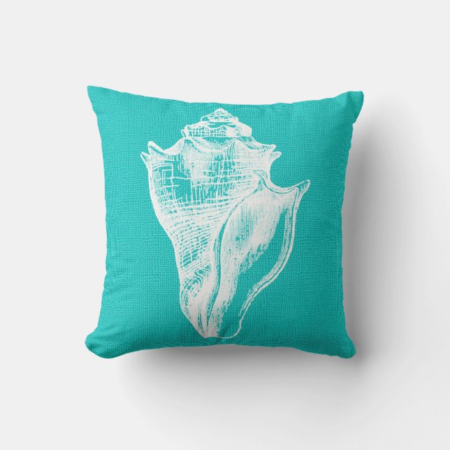 Aqua und White Crown Conch Muschel Burlap Look Kissen (Vorderseite)